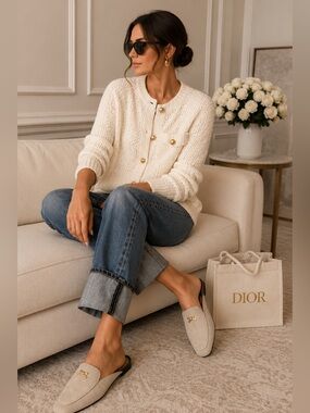 Dior Goatskin Loafer Mule w Gold Ribbed Bow Pin Charm